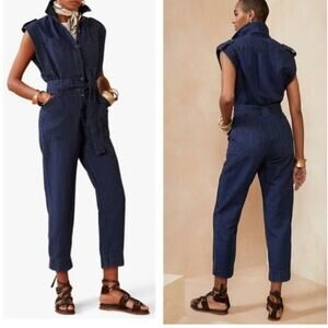 Banana Republic linen-blend wide-leg utility  jumpsuit in blue.
